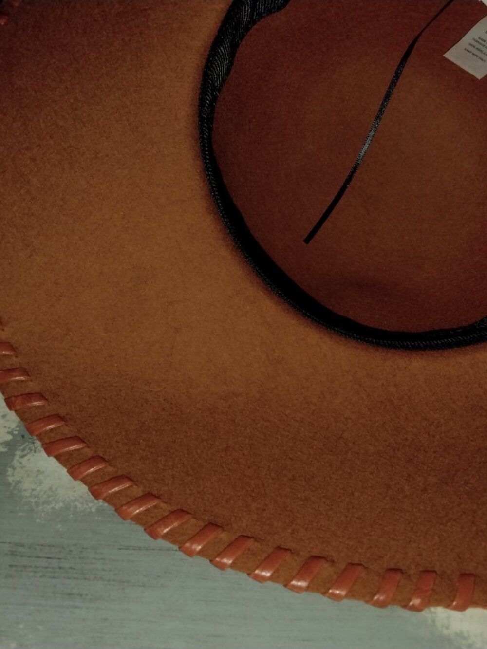 Wide Brim Hat, Cognac Wool with Faux Leather Trim by Phase 3, Boho Chic - Picture 5 of 10